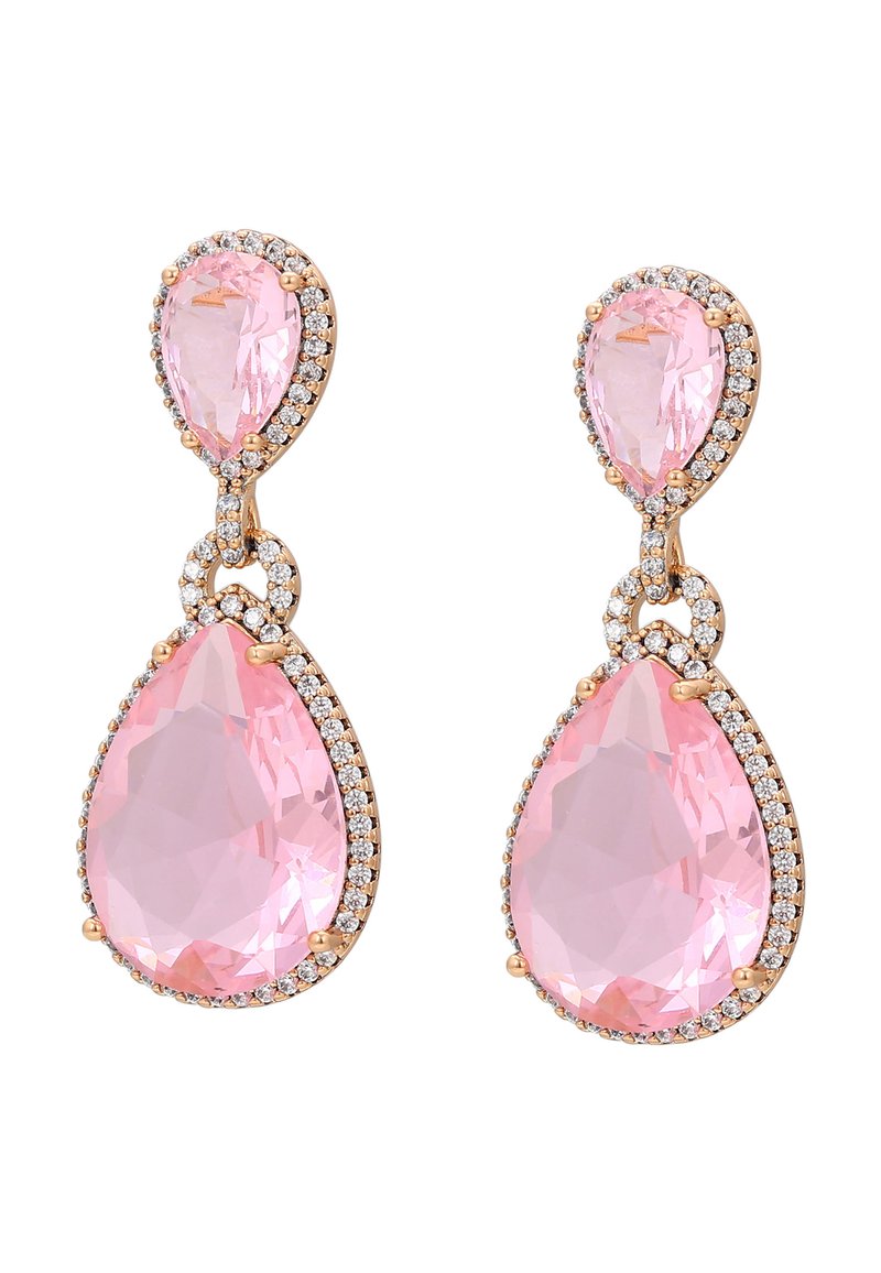 Pendientes en forma de lágrima rosa con acentos transparentes similares a diamantes, montados en metal dorado. Dos gotas enlazadas crean un diseño colgante con piedras facetadas.