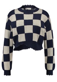 Pull court bleu marine et beige à motif à carreaux, texture tricotée et bords effilochés. Caractéristiques : manches longues et encolure ronde.