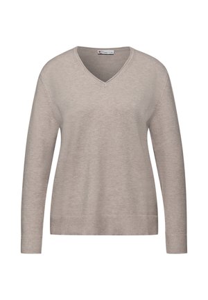 V-hals sweater i lys beige, lavet af blød, tekstureret stof. Langærmede med ribbede manchetter og kant, der har et afslappet pasform design.