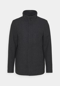 Dunkelgrauer Wollmantel mit hohem Kragen, einem einzelnen Knopfverschluss und geraden Ärmeln. Glatte Textur mit minimalistischen Design.