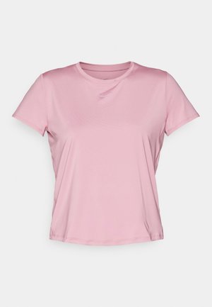 Short-sleeved, crew neck t-shirt in light pink, made of smooth fabric with a subtle sheen. Features a small logo on the chest.