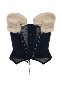 Navy denim corset with a faux fur collar, featuring a lace-up front, metal eyelets, and a fitted silhouette that flares at the hem.