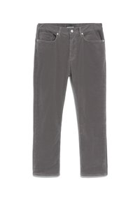Grijze corduroy broek met een recht ontwerp, voorzakken, subtiele verticale lijnen en metalen hardware bij de tailleband.
