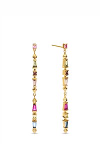 Pendientes de oro con un diseño vertical que presenta cristales multicolores en varias formas, incluyendo rectángulos y triángulos, con extremos puntiagudos.