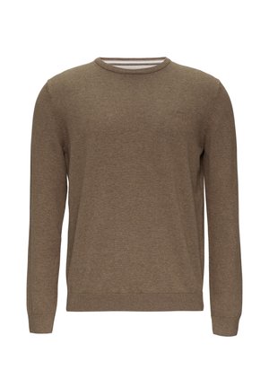 Pull en tricot marron avec un col rond, des manches longues et un ourlet côtelé. Présente un logo subtil sur la poitrine et une finition texturée.