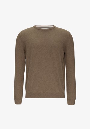 Brązowy dziergany sweter z okrągłym dekoltem, długimi rękawami i prążkowanym wykończeniem. Posiada subtelne logo na piersi i teksturowaną powierzchnię.