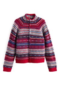 Gebreide trui met een ronde hals, lange mouwen en een meerkleurig patroon in rood, blauw en wit met textuuraccenten en een knoopsluiting.