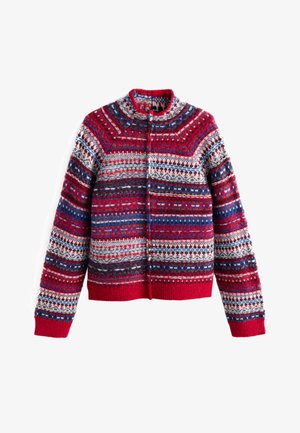 Kootud kampsun, millel on ümara kaelusega, pikad varrukad ning mitmevärviline punase, sinise ja valge mustriga, tekstuursete detailide ja nööpidega kinnitusega.