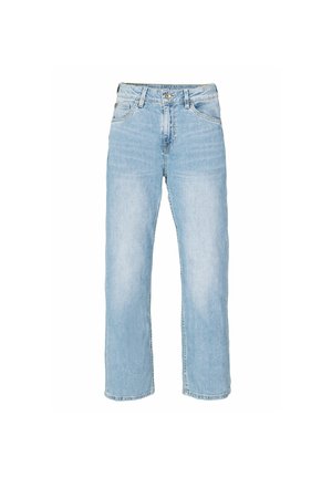 Lyseblå jeans med lige ben, fem lommer og foran lukning med knap og lynlås, vist mod hvid baggrund.