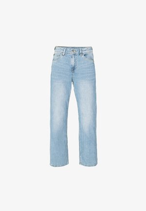 Lyseblå jeans med lige ben, fem lommer og foran lukning med knap og lynlås, vist mod hvid baggrund.
