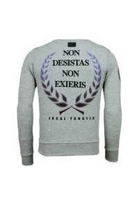 Grijze sweatshirt met lange mouwen, voorzien van een grote achterprint in zwarte tekst en decoratieve lauriergraphics in paars en zwart.