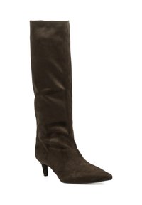 Bota marrón de ante, que llega hasta la rodilla. Diseño de punta afilada con un pequeño tacón apilado. Textura suave con un detalle mínimo.