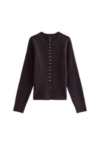 Cardigan in maglia di un viola scuro, con scollatura tonda e chiusura frontale con bottoni dorati. Maniche lunghe, texture morbida.