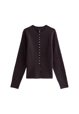 Cardigan in donkerpaars breiwerk, met een ronde halslijn en een volledige knoopsluiting aan de voorkant met gouden knopen. Lange mouwen, zachte textuur.