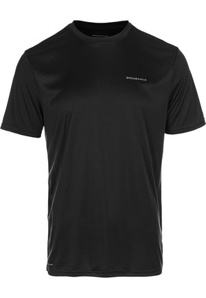 Schwarzes Sport-T-Shirt aus feuchtigkeitsableitendem Stoff. Rundhalsausschnitt mit kurzen Ärmeln und kleinem "ENDURANCE"-Logo auf der Brust.