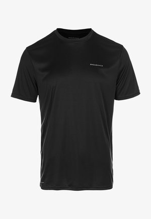 Schwarzes Sport-T-Shirt aus feuchtigkeitsableitendem Stoff. Rundhalsausschnitt mit kurzen Ärmeln und kleinem "ENDURANCE"-Logo auf der Brust.