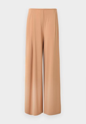 Beige vide bukser laget av et glatt, lett stoff, med høy midje og subtile frontfolder for ekstra detaljer.