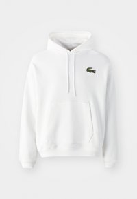 Bílá bavlněná mikina s klokaní kapsou, stahovací kapucí a vyšitým zeleným logem krokodýla na levém prsu.