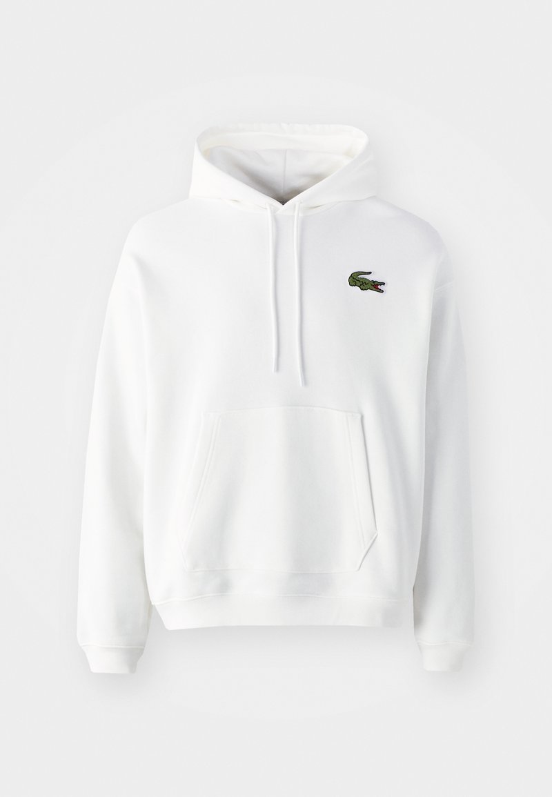 Bílá bavlněná mikina s klokaní kapsou, stahovací kapucí a vyšitým zeleným logem krokodýla na levém prsu.