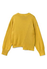 Gul stickad tröja med ribbade detaljer på ena sidan, cropped längd och vida ärmar. Slät textur, rund halsringning och sömlös finish.