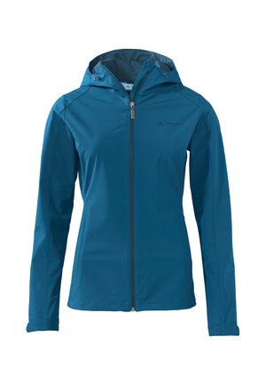 Blau gefütterte Softshelljacke mit Frontreißverschluss, langen Ärmeln und zwei Seitentaschen, entworfen für den Außeneinsatz.