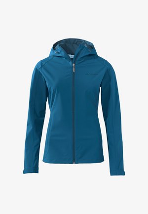 Blau gefütterte Softshelljacke mit Frontreißverschluss, langen Ärmeln und zwei Seitentaschen, entworfen für den Außeneinsatz.