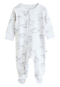 Combinaison grise avec imprimé dinosaure en gris foncé. Manches longues, fermeture éclair à l'avant et pieds intégrés. Matière douce en mélange de coton.