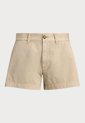 Beige bomuldsshorts med flad talje, forreste knaplukning og sidelommer; lige snit med en glat tekstur og opsyede kanter.