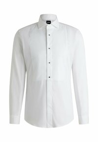 White long-sleeve shirt with a structured front, featuring a half-paneled design, black buttons, and a classic collar. Smooth fabric texture.