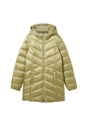 Giacca puffer verde oliva con cappuccio, dotata di zip frontale e design a imbottitura a zig-zag. Realizzata in materiale leggero e lucido.