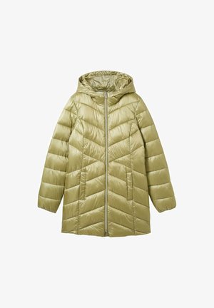 Doudoune verte olive avec capuche, dotée d'une fermeture éclair sur le devant et d'un design matelassé en chevrons. Fabriquée en matériau léger et brillant.