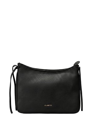Zwarte leren crossbodytas met smalle verstelbare bandjes, ritssluiting en klein goudkleurig "CUSTO" logo middenvoor.