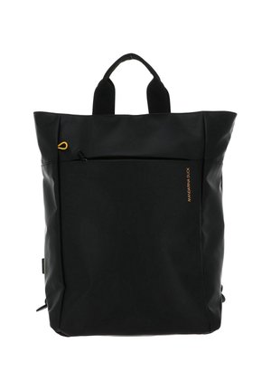 Sac fourre-tout noir imperméable avec une texture lisse, doté d'une poche frontale zippée, de poignées doubles et d'un accent jaune.