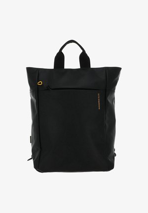 Borsa tote nera impermeabile con una texture liscia, dotata di una tasca frontale con zip, doppi manici e un accento giallo.