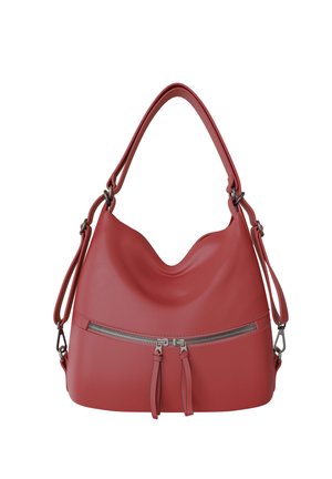 Red leather handbag with a slouchy shape, single top handle, adjustable side straps, and a horizontal zippered front pocket with two zipper pulls.