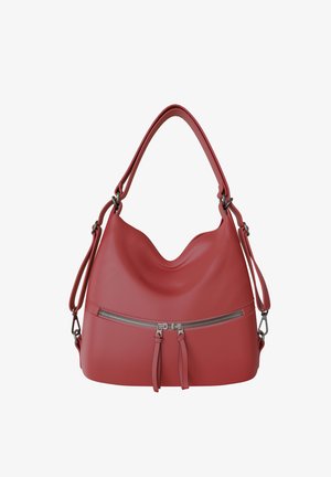 Red leather handbag with a slouchy shape, single top handle, adjustable side straps, and a horizontal zippered front pocket with two zipper pulls.