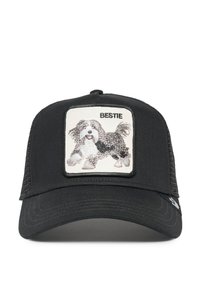 Gorra de béisbol negra con parte trasera de malla, que presenta un parche cuadrado con un perro bordado y el texto "BESTIE" encima del diseño.