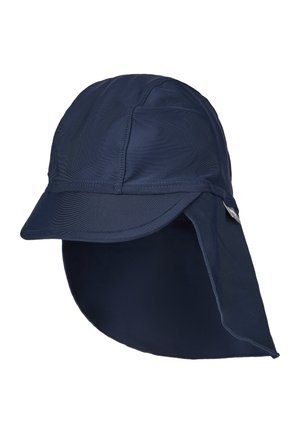 Navy blue sun hat made of lightweight fabric, featuring a wide brim and extended neck flap for UV protection. Simple stitching details visible.