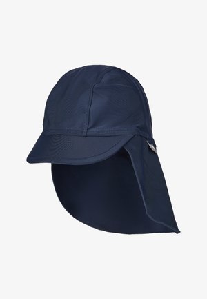 Navy blue sun hat made of lightweight fabric, featuring a wide brim and extended neck flap for UV protection. Simple stitching details visible.