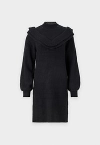 Juoda nertinė suknelė su rangos tekstūra, turi platų raukšlėtą iškirptę ir ilgus, pūstus rankovėmis, Baigiasi virš kelių.