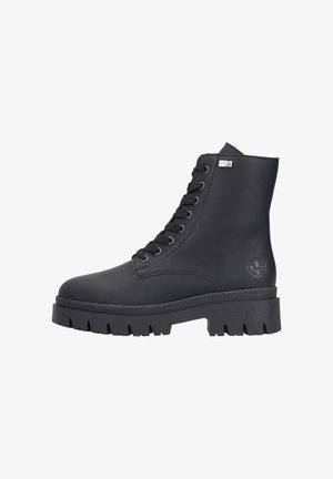 Schwarze Leder-Ankle Boots mit Schnürdesign, robuster Gummisohle und Logodetail an der Seite. Glatte Textur und zylindrische Form.