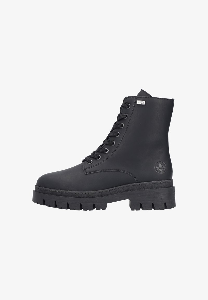 Black leather ankle boot with lace-up design, chunky rubber sole, and logo detail on the side. Smooth texture and cylindrical shape.
