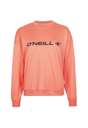 Koralowa bluza z długim rękawem i okrągłym dekoltem, czarny napis "O'NEILL" oraz logo fali na piersi, luźny krój z prążkowanymi mankietami i dołem.