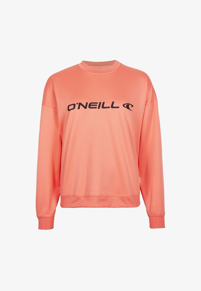 Sweat-shirt corail à manches longues avec col rond, texte noir "O'NEILL" et logo vague sur la poitrine, coupe décontractée avec poignets et bas-côtes côtelés.
