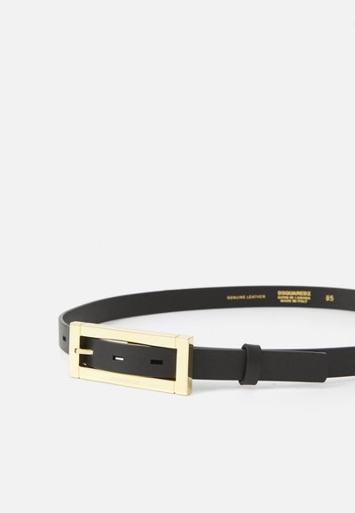 Black leather belt featuring a rectangular gold-tone buckle and adjustable holes. Textured surface with a smooth finish.