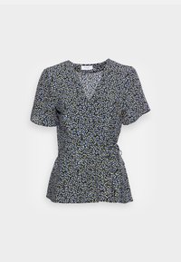 Top floral com mangas curtas, decote em V profundo e cintura ajustada. O tecido é leve, com um fundo escuro e acentos em tons pastel.