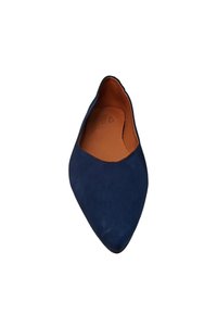 Zapato plano de ante azul marino con punta afilada y forro de piel marrón. Textura suave sin patrones visibles ni herrajes.