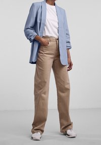 Svetle modrý, přizpůsobený blazer, bílý tričko, béžové kalhoty s vysokým pasem, šedé tenisky; hladká tkanina, uvolněný střih, vyhrnuté rukávy, jemné detaily.