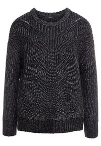 Svart stickad tröja med ett strukturerat mönster, rundhalsad och långa ärmar. Tyget verkar tjockt och varmt, med en ribbad nederkant.