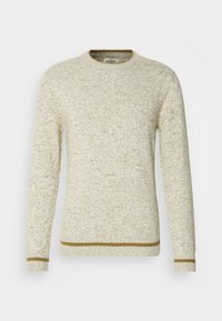 Strikketcrewneck genser i lys beigefarge med subtil tekstur. Har kontrastfargede brune ribbekanter på ermer og nederst. Mykt stoff, lange ermer.